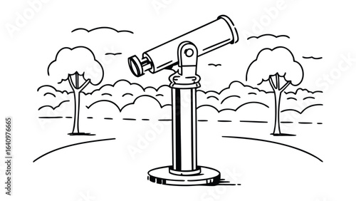 A telescope stands in a scenic landscape with trees and clouds under a bright sky observation point