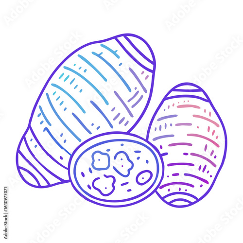 Stylized illustration of taro root and sliced taro