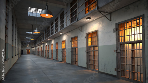 Long hallway with prison cells in an abandoned jail with no people inside