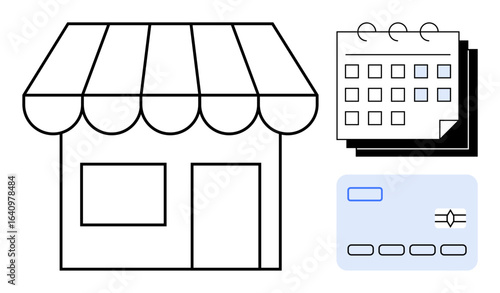 Retail shop sketch with striped awning next to a calendar and credit card. Ideal for small business planning, entrepreneurship, scheduling, e-commerce, payment systems, retail organization, simple