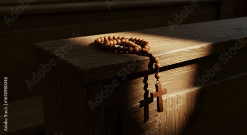 Wooden prayer beads rest on a pew, catching the sunlight filtering through the church window.