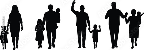 Silhouette of happy family walking, holding hands, parenting children, raising kids, waving, bonding time, love, lifestyle, parenthood, childhood moment