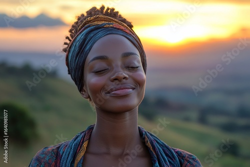 Free happy woman smiling with eyes closed on a mountain hike during sunrise, symbolizing freedom, happiness, and mental wellness, Generative AI