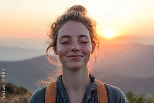 Free happy woman smiling with eyes closed on a mountain hike during sunrise, symbolizing freedom, happiness, and mental wellness, Generative AI