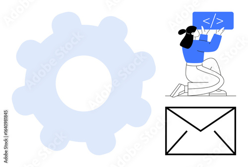 Woman interacting with a digital code snippet, accompanied by a gear icon and an envelope icon. Ideal for coding, automation, engineering, development, collaboration, email marketing, simple landing