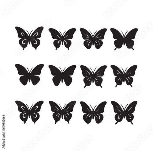 Twelve Black Butterfly Silhouettes on White Background insect