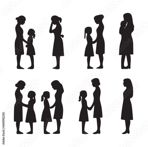 Black silhouettes of women and girls interacting in various poses woman child