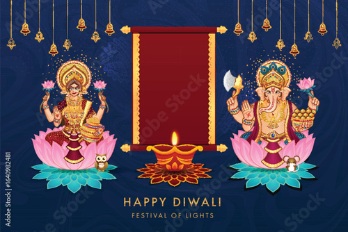 A beautiful banner for the Indian festival of lights, Diwali. This illustration features the Hindu goddess of wealth, Lakshmi and the remover of obstacles, Lord Ganesha.