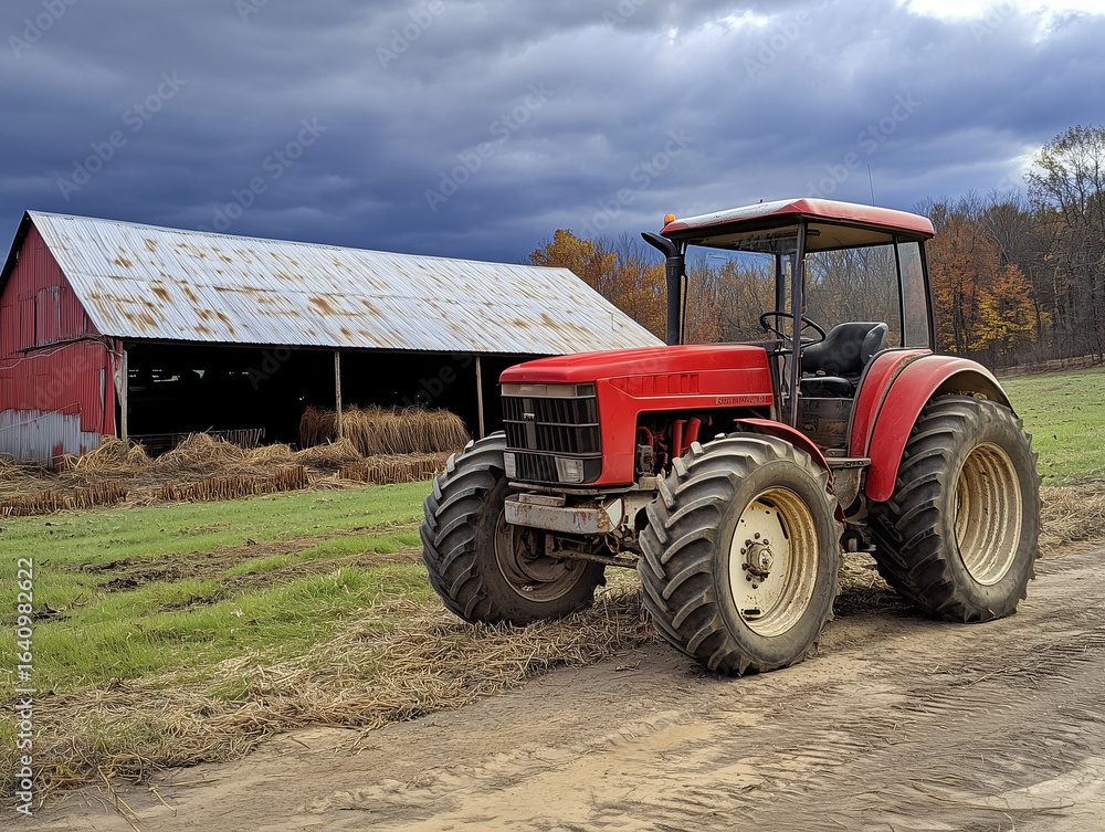 Obraz premium A red farm tractor outside a barn on a cloudy day.