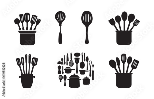 Black kitchen utensils and cookware silhouettes on white background kitchenware cooking