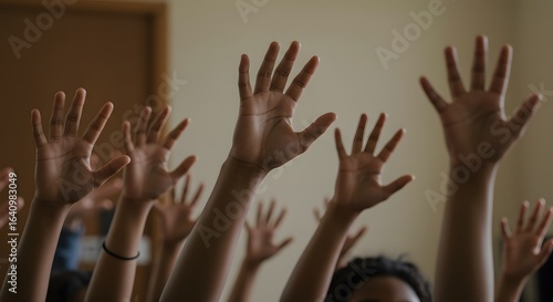 Diverse group raising hands, symbolizing participation, engagement, and democratic process. Inclusivity concept.
