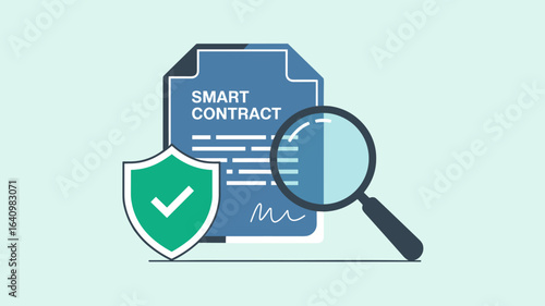 magnifying glass inspecting a secured smart contract document vector illustration