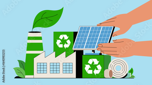 hands placing solar panel on green factory vector illustration, sustainable manufacturing, green factory initiatives and renewable energy production