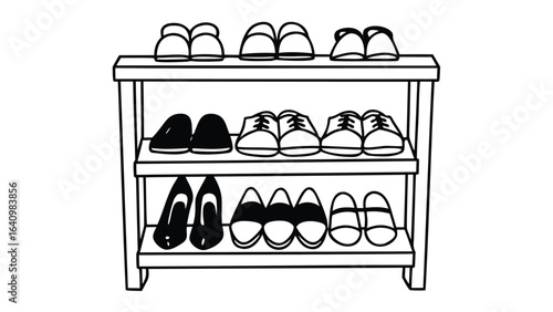 A shoe rack with three shelves displaying various types of footwear in a simple line drawing style