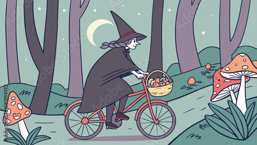 A cartoon style illustration of a witch flying on a broom with floating papers around in a circular pattern
