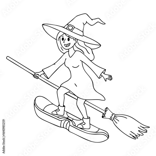 Clean outline drawing of a Witch on a hoverboard instead of brooms