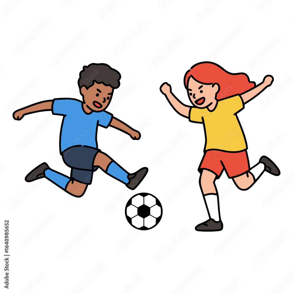 Obraz premium Diverse children playing soccer together in a fun and energetic match. A boy kicks the ball while a girl runs to compete in this cartoon illustration.