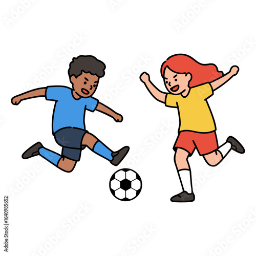 Diverse children playing soccer together in a fun and energetic match. A boy kicks the ball while a girl runs to compete in this cartoon illustration.