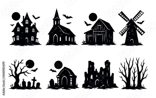 Spooky night silhouettes of haunted houses, churches, and forests