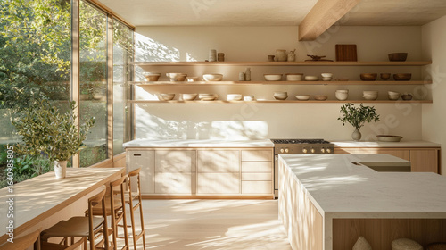 A bright, minimalistic kitchen bathed in natural light. The design features clean lines, white and light beige tones, and smooth matte finishes. 