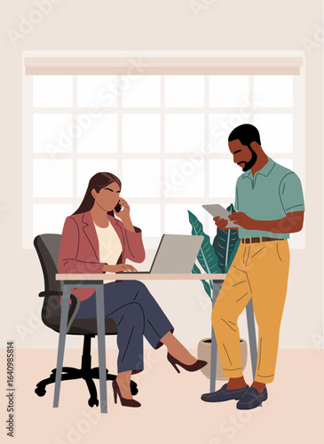 Modern office workspace with diverse business people, an African American man and a Caucasian woman working together at the desk with laptop. Minimalist flat vector illustration.