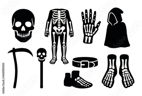 Halloween skeleton costume parts collection with scythe and cloak
