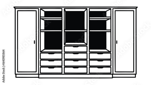  large wardrobe with doors shelves and multiple drawers in a simple black outline style