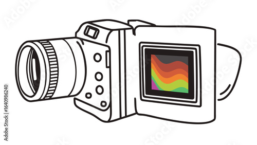  vintage camcorder with a colorful display and a prominent lens design element