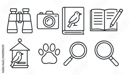 Birdwatching essentials: binoculars, camera, bird book, observation tools icons