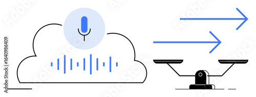 Microphone and soundwaves within cloud representing voice recognition, arrows and scale symbolizing data processing, balance. Ideal for AI, technology, innovation, communication, machine learning