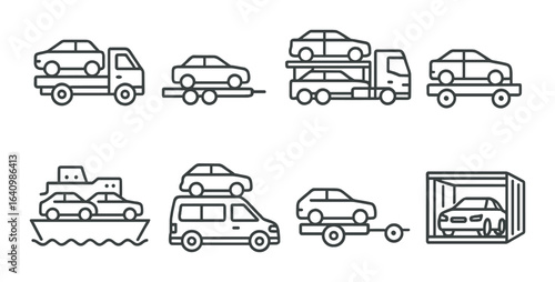 Various car transportation methods including trucks and trailers on display