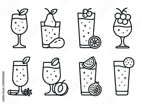 Assorted fruit cocktails glass icons on brown background