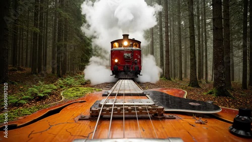 A vintage steam train travels along a railroad track made from the strings of an electric guitar in a surreal and magical forest scene combining music and travel