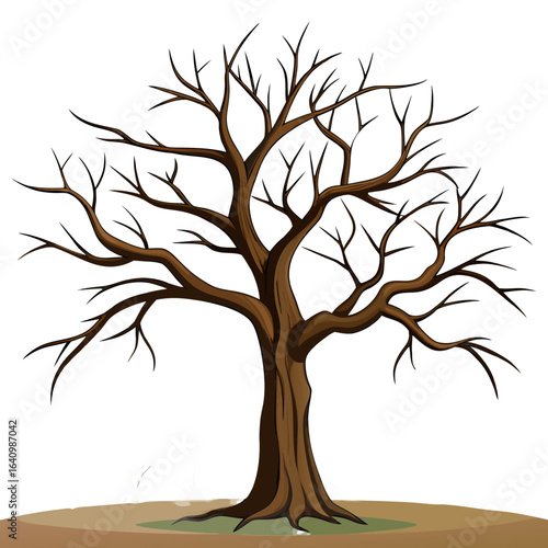 A bare tree with no leaves standing on a small patch of brown ground,