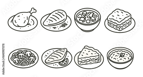 Diverse collection of hand-drawn iconic dishes featuring global cuisine