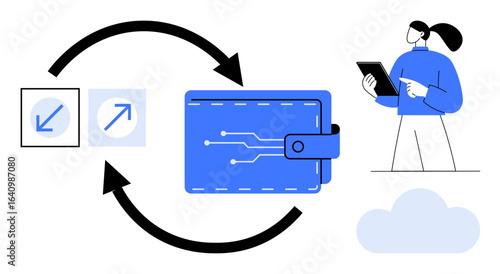 Digital wallet with circuits and arrows in a loop alongside a woman holding a tablet. Ideal for technology, finance, digital payment, cloud computing, fintech solutions, data transfer, simple landing