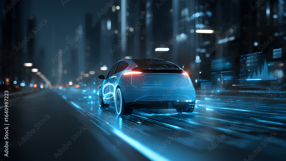 Fototapeta premium Futuristic Electric Car Driving Through Neon Cyberpunk City Streets at Night