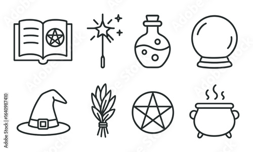 Mystical icons: book, wand, potion, crystal ball, witch hat, herbs, pentacle, cauldron