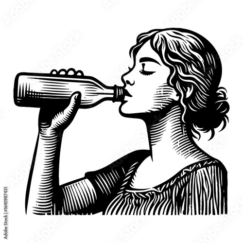 Elegant Woman Drinking from Bottle Woodcut Style Black and White Outline Line Art Drawing Side Profile View Vintage