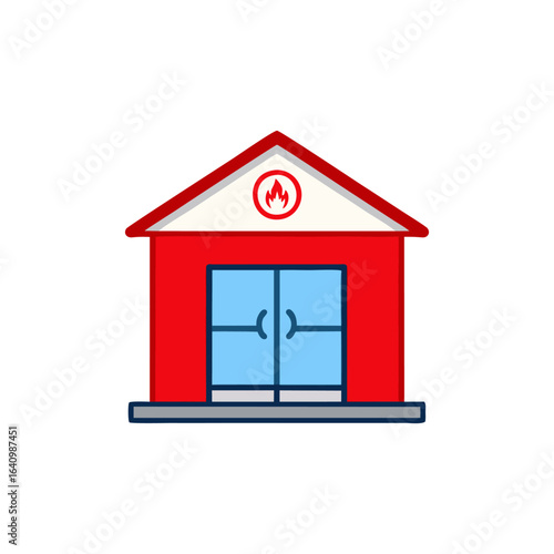 Vector illustration of a red fire station building. A simple flat icon representing a fire department and emergency safety services.