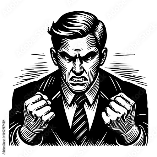 Furious Businessman with Clenched Fists Showing Aggression in Detailed Black and White Outline Line Art Drawing