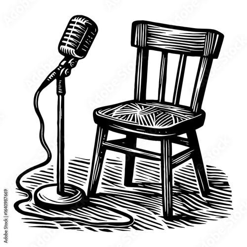 Classic Microphone on Stand Next to Empty Wooden Chair Black and White Outline Line Art Drawing for Comedy Stage