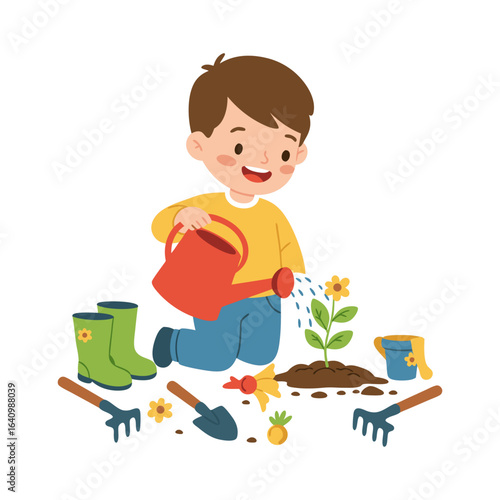 Happy little boy enjoying his gardening hobby, watering a yellow flower with a red can. A fun childhood activity illustration.
