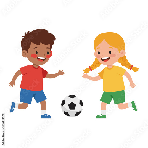 Cheerful cartoon boy and girl playing football together. Happy diverse children running with a soccer ball in a friendly game.