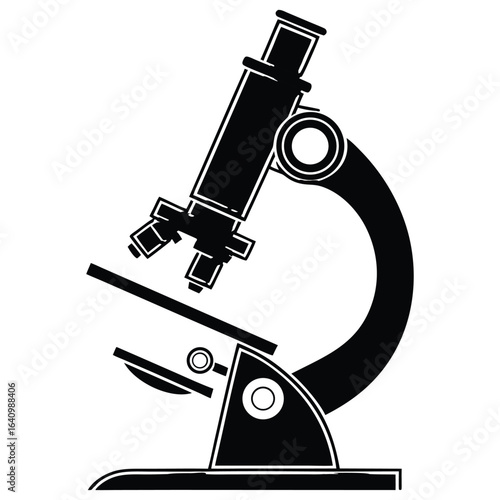 A black and white silhouette of a microscope. A vector icon or logo representing science, research, laboratory work, and discovery.
