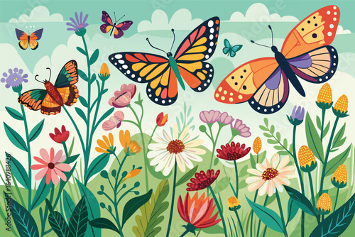 Colorful butterflies flying over a field of flowers, spring illustration