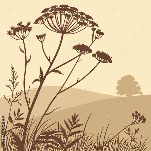 Minimilist silhouette of wild carrot flowers and grass in a field with a tree on the horizon in sepia tones vector