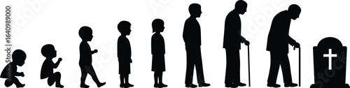 Human Life Cycle Silhouette, Stages of Growth from Childhood to Old Age, Aging Process Timeline, Life and Death Concept Illustration