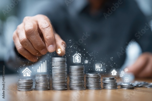 Person's hand placing a coin on top of a stack of coins, representing investment growth, with various financial icons