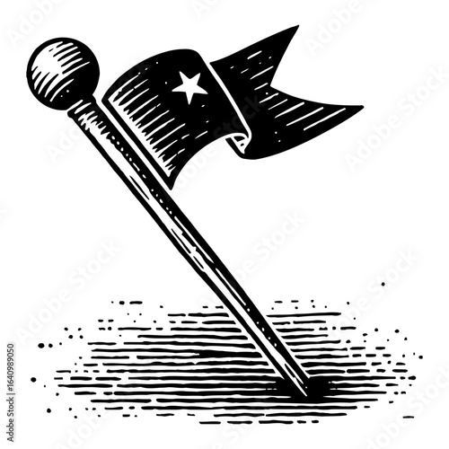 Isolated Flag on a Pole with Star Planted in Ground Vintage Black and White Outline Line Art Drawing Illustration